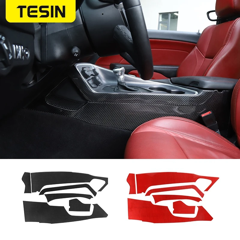 

TESIN Real Carbon Fiber Car Gear Shift Panel Side Decoration Cover Stickers Protection for Dodge Challenger 2015+Accessories