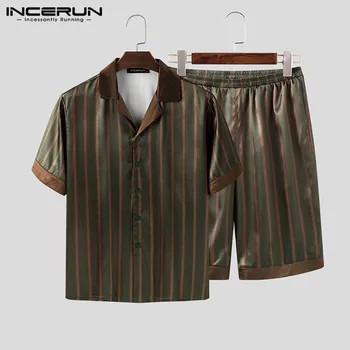 

INCERUN Men Leisure Striped Pajamas Sets Baggy Comfortable Homewear Suits Short Sleeve Lapel Blouse Elastic Shorts Sleepwear 5XL