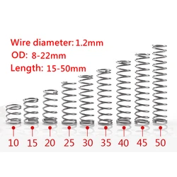 10PCS Wire Diameter 1.2mm 304 Stainless Steel Compression Spring OD 8-22mm Length 15mm to 50mm Rotor Return Compressed Spring