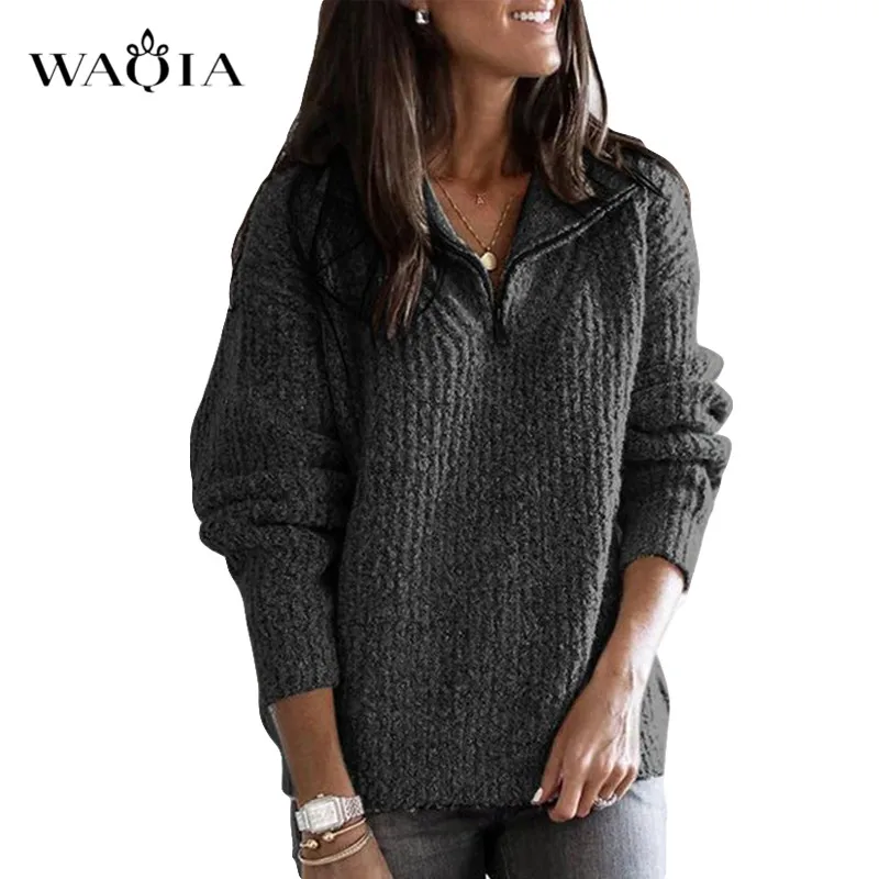 5XL Autumn Women Sweater Knitted Long Sleeve Turn-Down Collar Top Women Casual Loose Plus Size Zipper Sweaters Pullovers