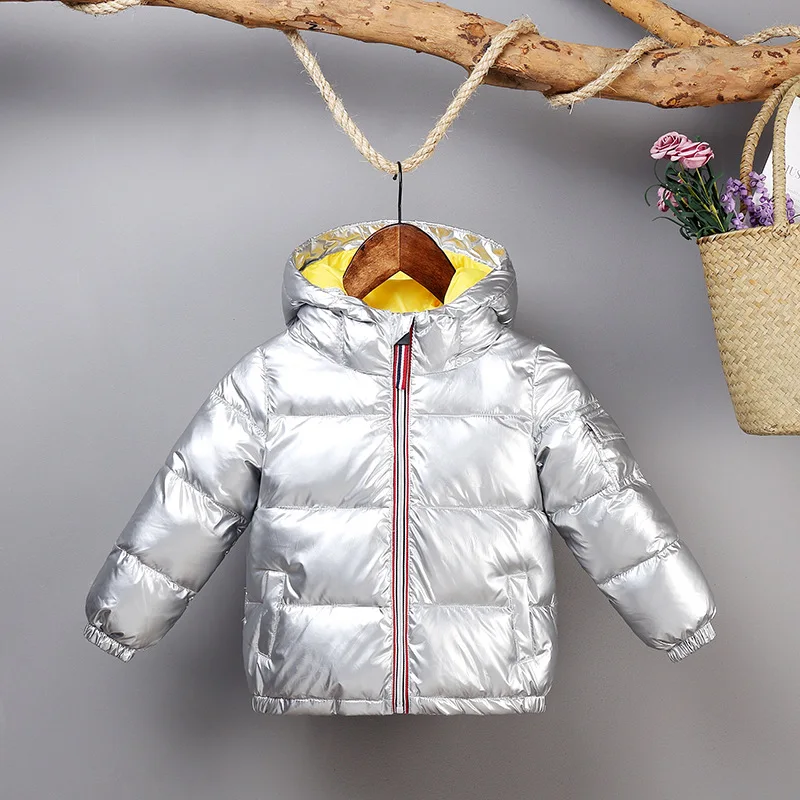 silvery 80% г. Детский пуховик зимняя теплая яркая пуховая куртка с капюшоном для мальчиков и девочек детская модная зимняя верхняя одежда - Цвет: silvery