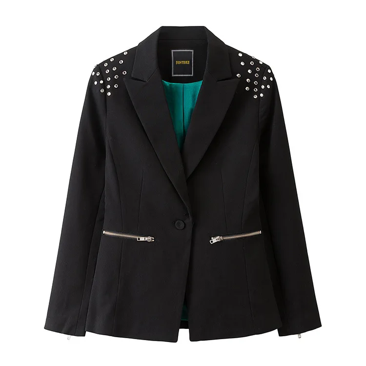 

Zo3506 WOMEN'S Dress-Style Rivet One-Button Elasticity Slim Fit Knitted Suit