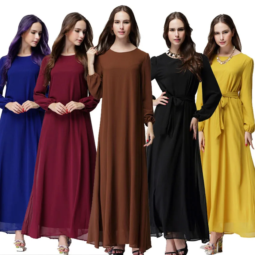 

Chiffon Women Muslim Abaya Dress Solid Color Maxi Long Robe Islamic Traditional Clothing Chiffon Elegant Dress Dubai Arabic