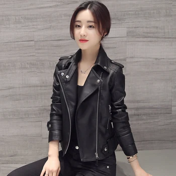 

Women Motocycle Autumn Leather Jacket Black Turn-down Collar Female Pu Outwear Coat Classical Slim