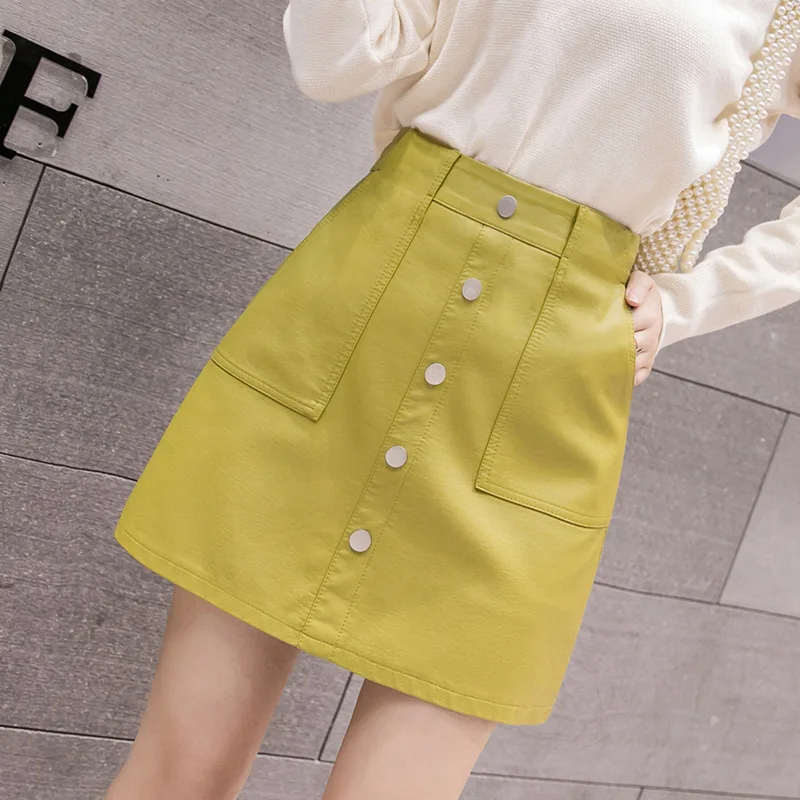 

Buckle A- line PU Leather Skirt Women's 2019 Autumn And Winter New Style High-waisted Sheath Skirt Leather Skirt Women's Have Li