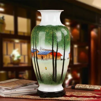 

JINGDEZHEN MASTER HAND PAINTED 60CM HEIGHT LARGE DECORATION HOUSE IN FOREST PATTERN CERAMIC FLOWER VASE