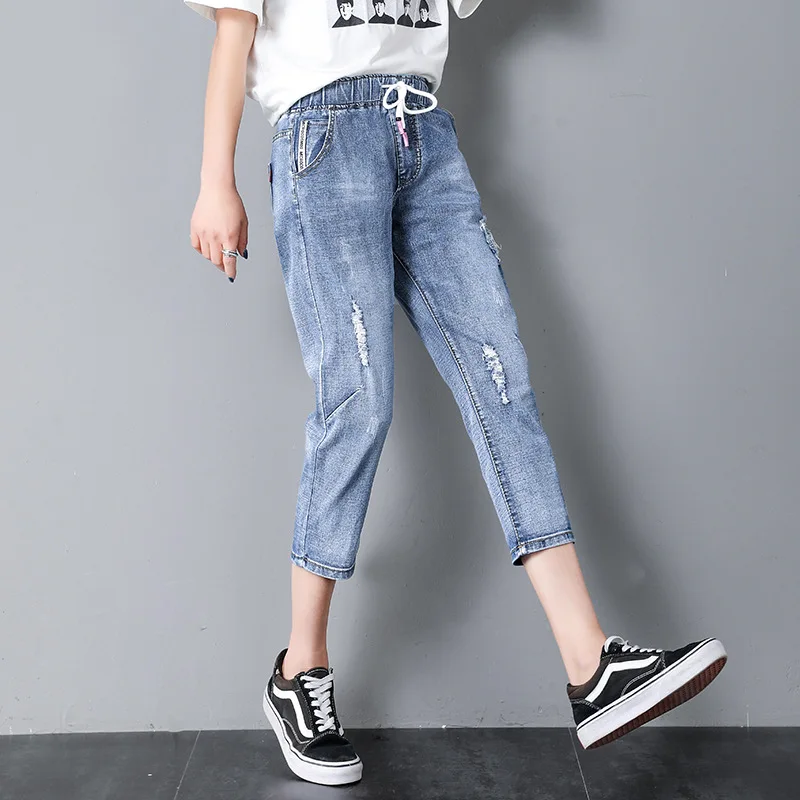 

Jeans 2020 Summer New Jeans Women's High Waist Mom Jeans Elastic Waist Harlan Pants Women's Ripped Cropped Pants