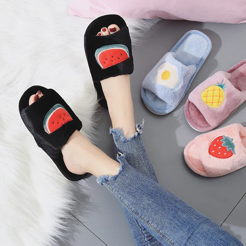 

2019 Autumn And Winter New Style A- line Outer Wear Slipper Fruit Plush Cartoon Warm Anti-slip Indoor Home Peep-Toe Cotton Slipp