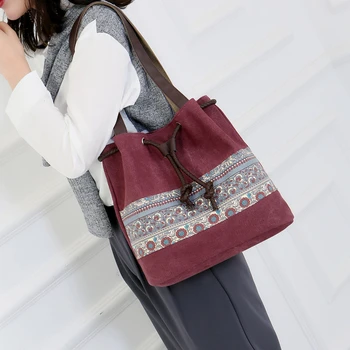 

Style Canvas Handbags Women Drawstring Bucket Bag Lady Cheap Shoulder Single Shoulder Shopping Bags Floral Printed Beach Bag 820