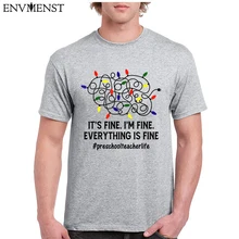 

100% Cotton Graphic Tee Tops It's Fine I'm Fine Christmas Lights Preschool Teacher Xmas T-Shirt Men Funny Adult T-shirt Men Tops