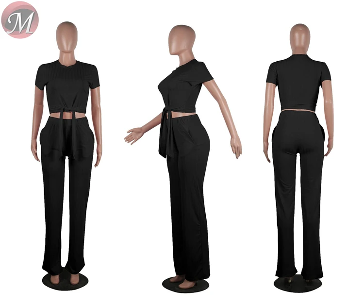 9040123 women fashion casual solid top and wide leg pants two piece set women clothing