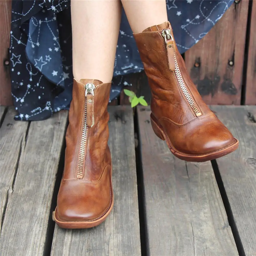 

Women'S Handmade Leather Ankle Boots Comfortable Walking Round Martin Boots Brown