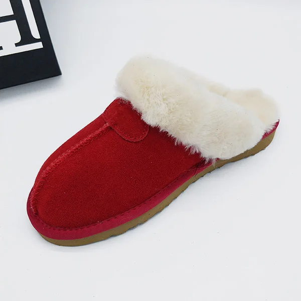 Зимние тапочки; женская обувь; Брендовая женская обувь из натуральной кожи; теплые меховые тапочки; плюшевая женская обувь на плоской подошве; шлепанцы; повседневная обувь - Цвет: Bright red