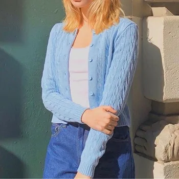 

Chic Knitted Long Sleeve Sweater Women Round Neck Crop Top Clothing Single Breasted Candigan Moderate Thickness Korean Top