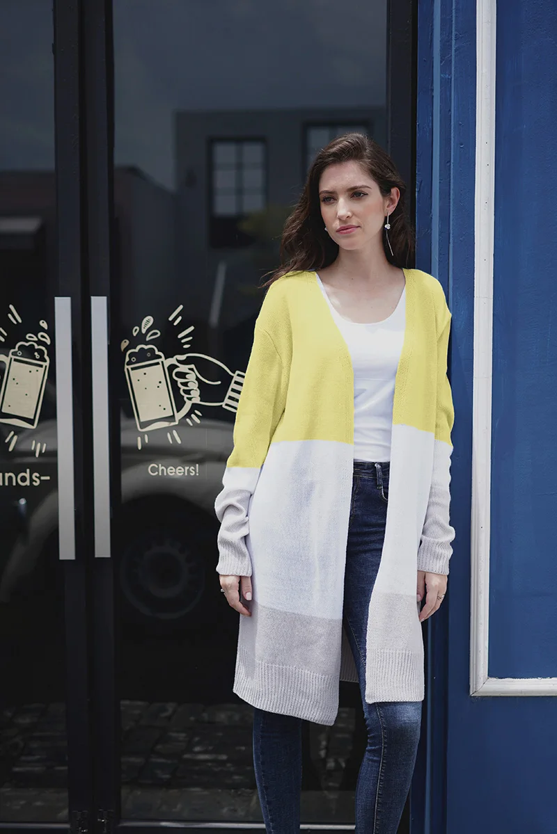 yellow Fitshinling Block, длинный кардиган в стиле пэчворк, зимнее пальто,, Boho, тонкая женская трикотажная куртка, длинный рукав, открытая стежка, кардиганы - Цвет: yellow