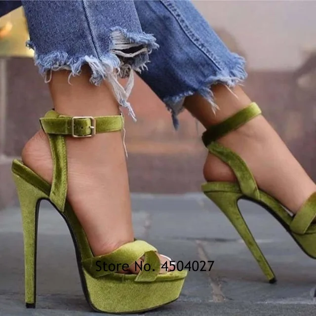 Olive Green Velvet High Heel Sandals 