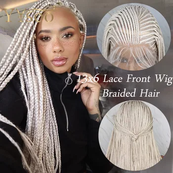 

YYsoo Long Micro Braided Hair13x6 Synthetic Lace Front Wigs for Black Women Side Part White Color Box Braided Wig 6 Deep Parting