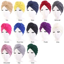 

Women Turban Top Knot Flower Decor Headwrap Muslim Ladies Hair Cover Warm Hat Beanie Head Wear Solid Color Cap Hair Accessories