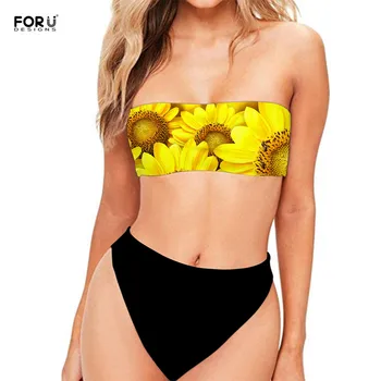 

FORUDESIGNS Summer Swimwear Women Sunflower Printing Sexy Padded Halter Female Swimming Suit Strapless Off Shoulder Bikini Sets