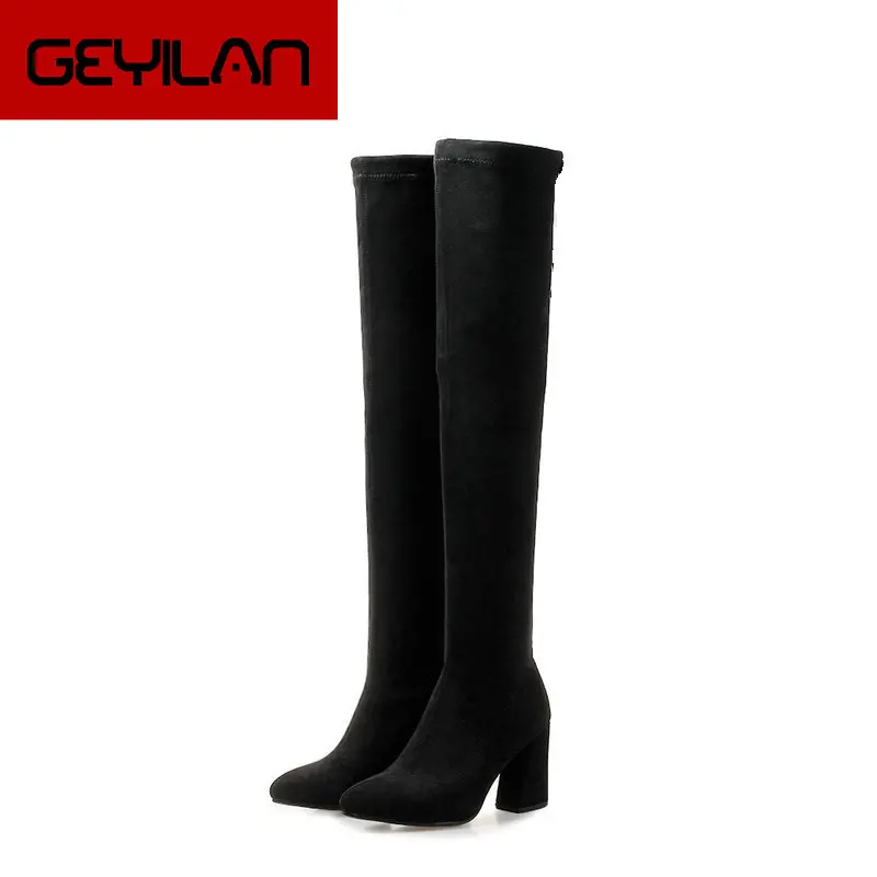 

Women's Shoes Over the Knee Boots Flock Leather High Heels Thigh Boots Fashion Pointed Toe Slip On Autumn Winter Shoes Woman