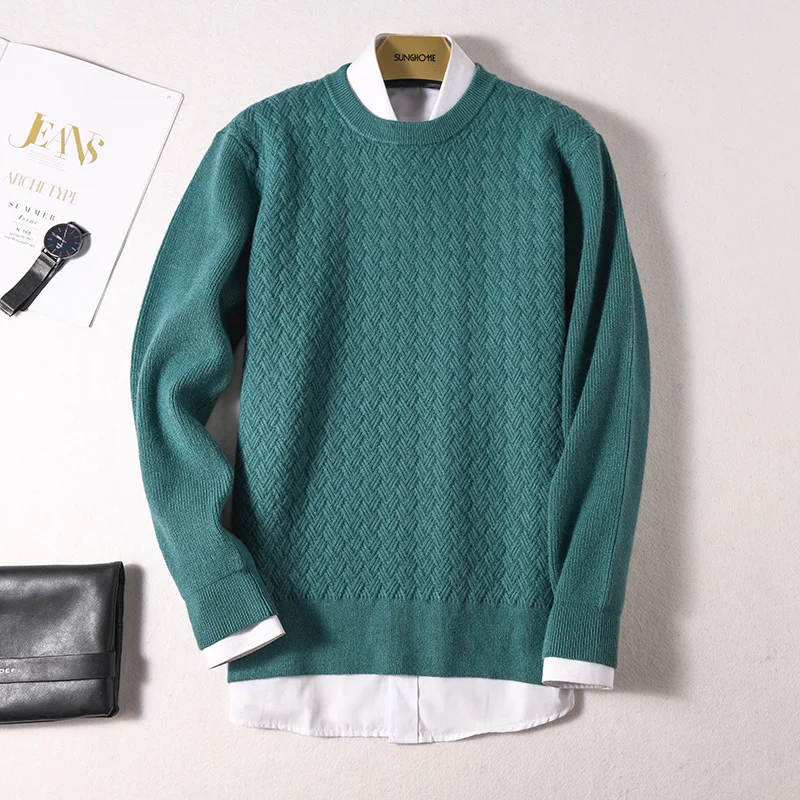 Sparsil Men Winter Knitted Cashmere Sweater O-Neck Full Sleeve Warm Wool Pullovers Argyle Body Pattern Outwear Jumpers