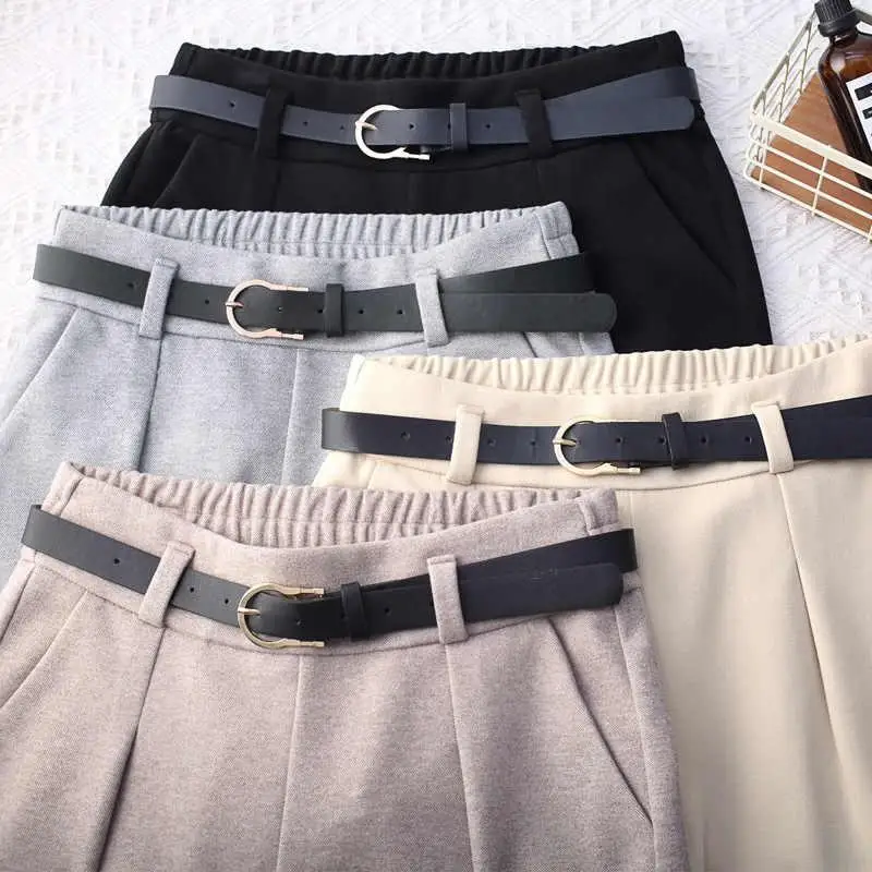 Winter Wool Pants Women Korean High Waist Belted Harem Trousers Female Elegant Autumn Warm Long Work Office Pants Plus Size