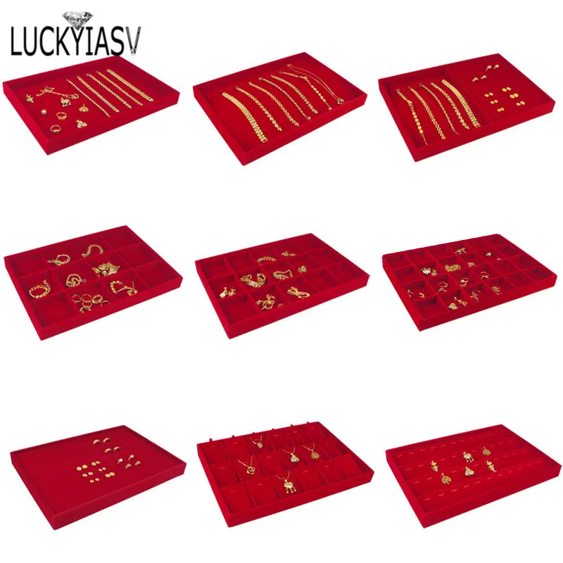 

New Arrival Red Velvet Jewelry Tray Jewellery Display Box Necklace Earring Pendant Stud Organizer Other Accessories Show Case