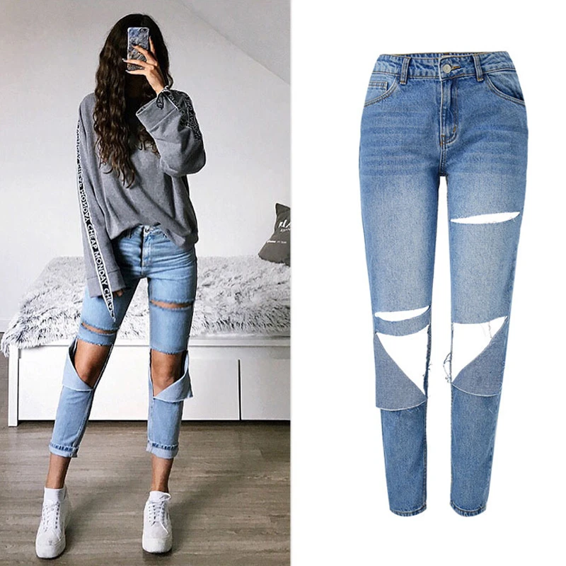 Pantalones vaqueros rasgados de cintura alta para mujer, rasgados agujeros rotos rodilla, a la moda, talla XS|Pantalones vaqueros| - AliExpress