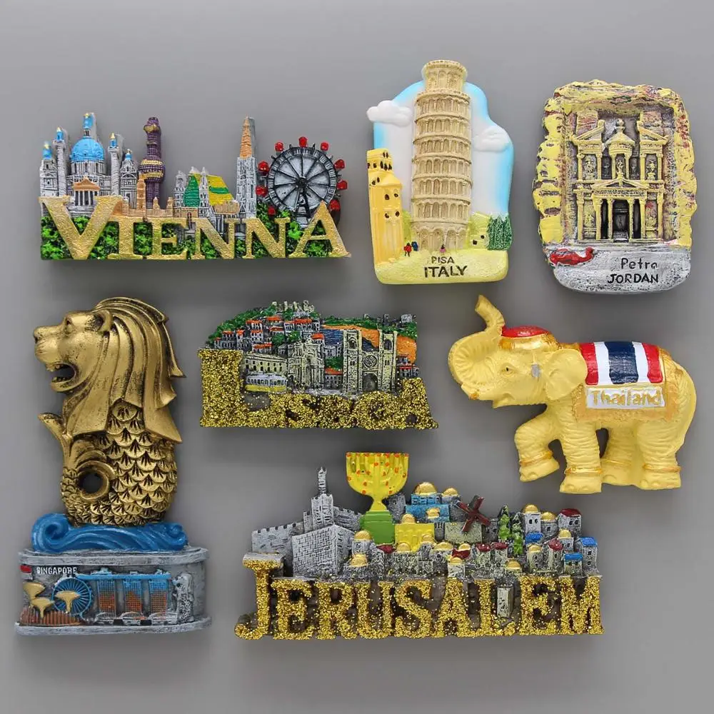 Fridge Magnets Jerusalem Souvenirs Lisbon Portugal Vienna Pisa Italy Thailand Elephant Singapore Merlion Jordan