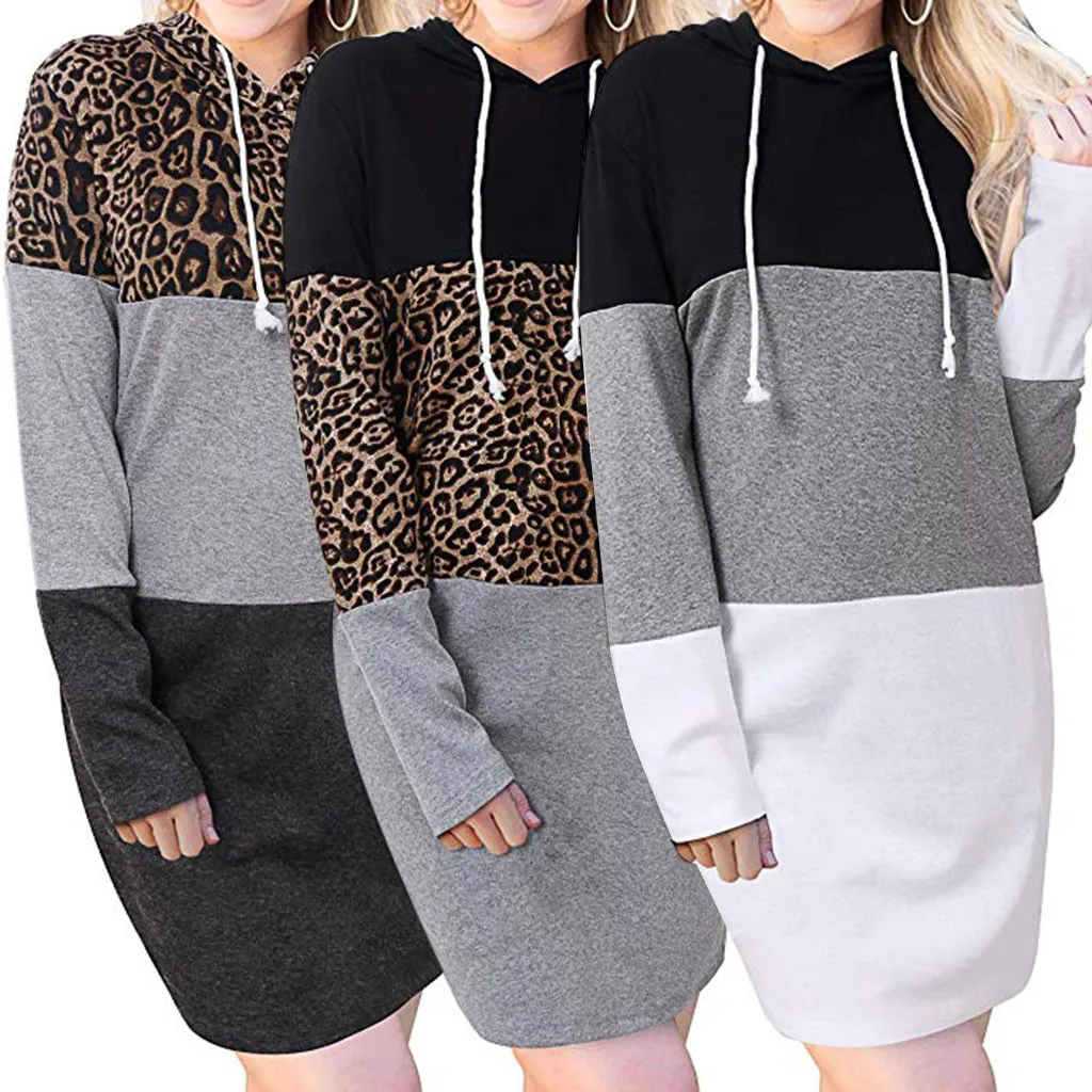 

2019 Autumn Winter Warm Sweatshirt Long-sleeved Dress Fashion Long-Sleeved Leopard Colorblock Casual Pullover Hooded Dress