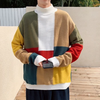 

UYUK2019 Autumn Winter New Youth Warm Casual Men Collar Block Patchwork Color Contrast Fashion Knit Sweater Hombre