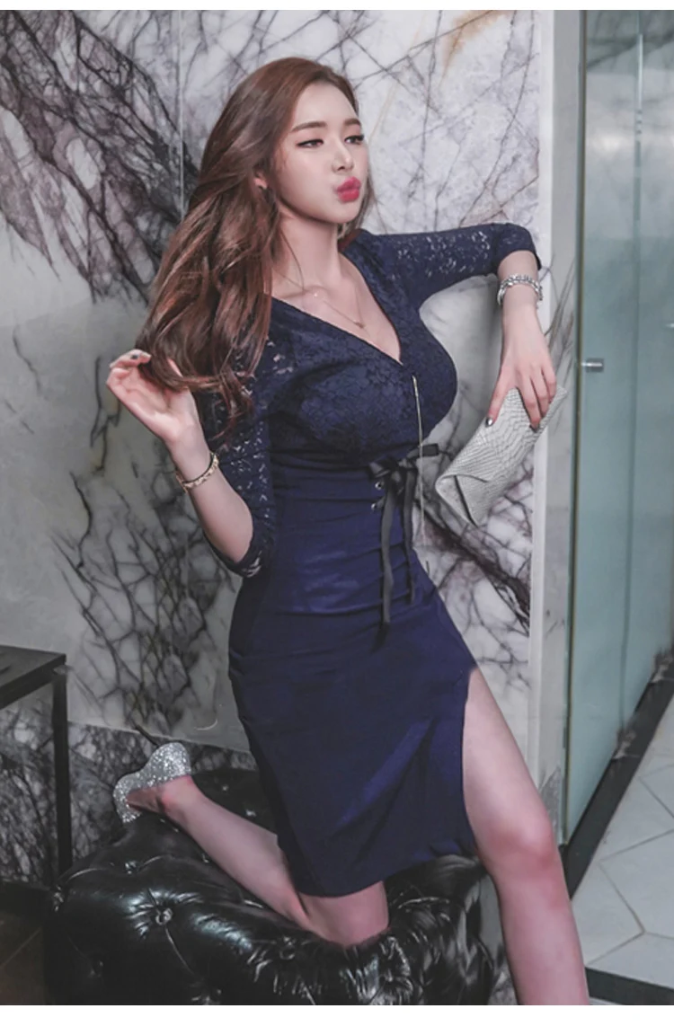 Осень 3/4 рукав кружева лоскутное длиной до колена Bodycon Vestidos оболочка v-образным вырезом сексуальное темно-синее платье с галстуком
