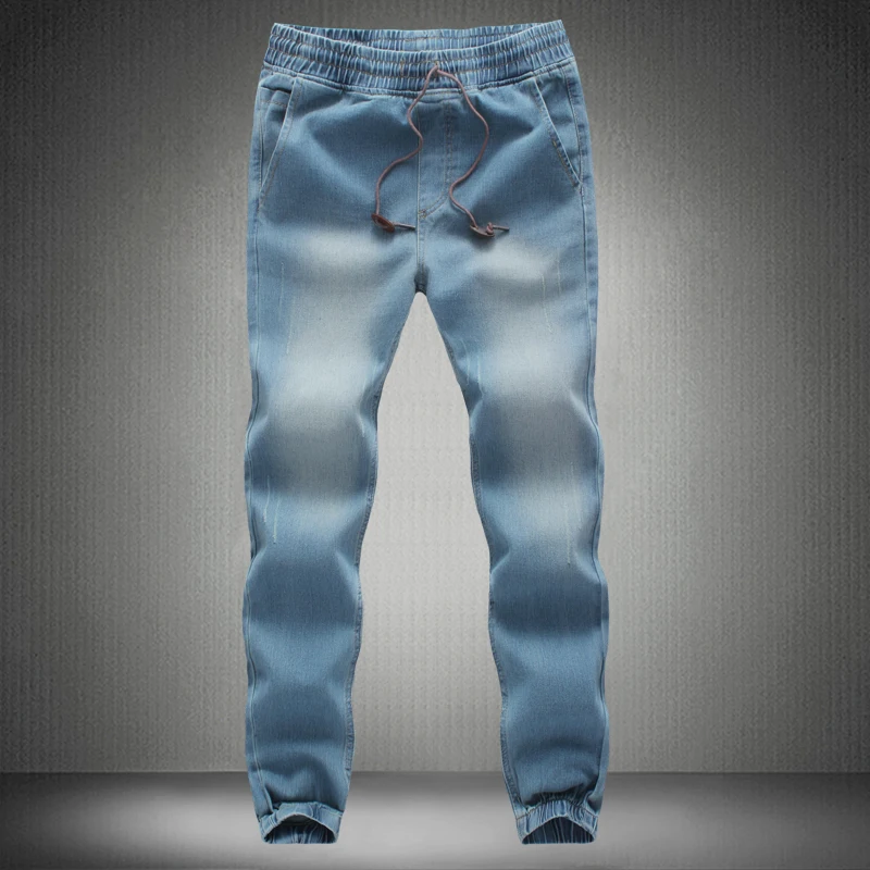 Джинсы мужские Плиссированные на шнуровке эластичные брюки Slim Fit синие