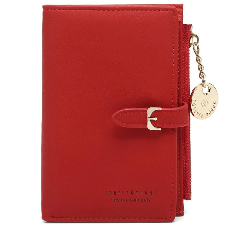 Женский кожаный кошелек с несколькими слотами, короткая сумка для денег, тонкий держатель для карт, кошелек для девушек и девушек, двойной клатч с подвеской - Цвет: Красный