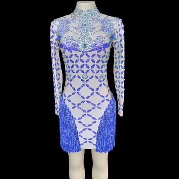 

Shining Rhinestone Fringes Short Dress Long Sleeve Lady Prom Evening Party Dresses Singer Stage Costume Birthday Tassel Outfit