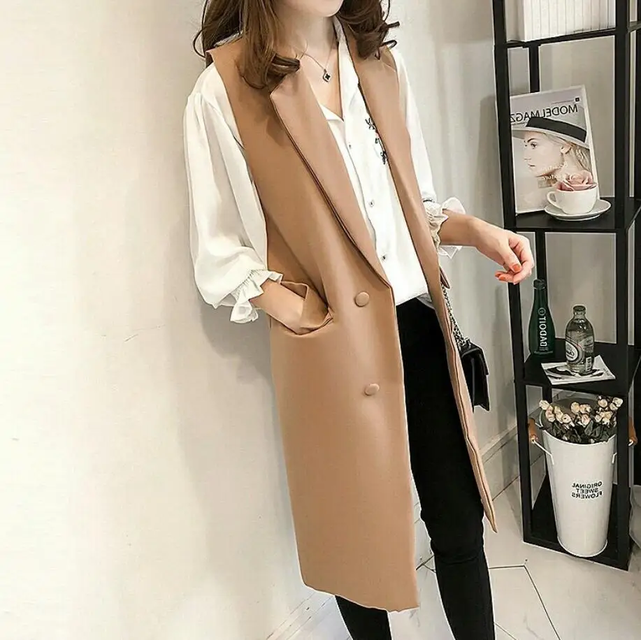 khaki autumn new women laple sleeveless solid patchwork double breasted casual long vest women fashion waistcoat tide r2045 - Цвет: khaki