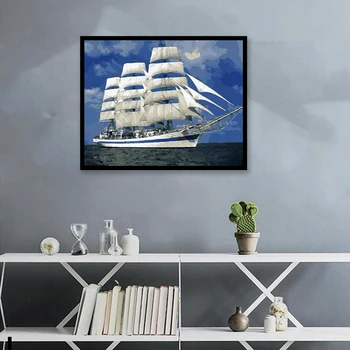 

White Sailboat Frameless DIY Oil Painting By Numbers Handmade Digital Oil Painting on Canvas Acrylic Coloring