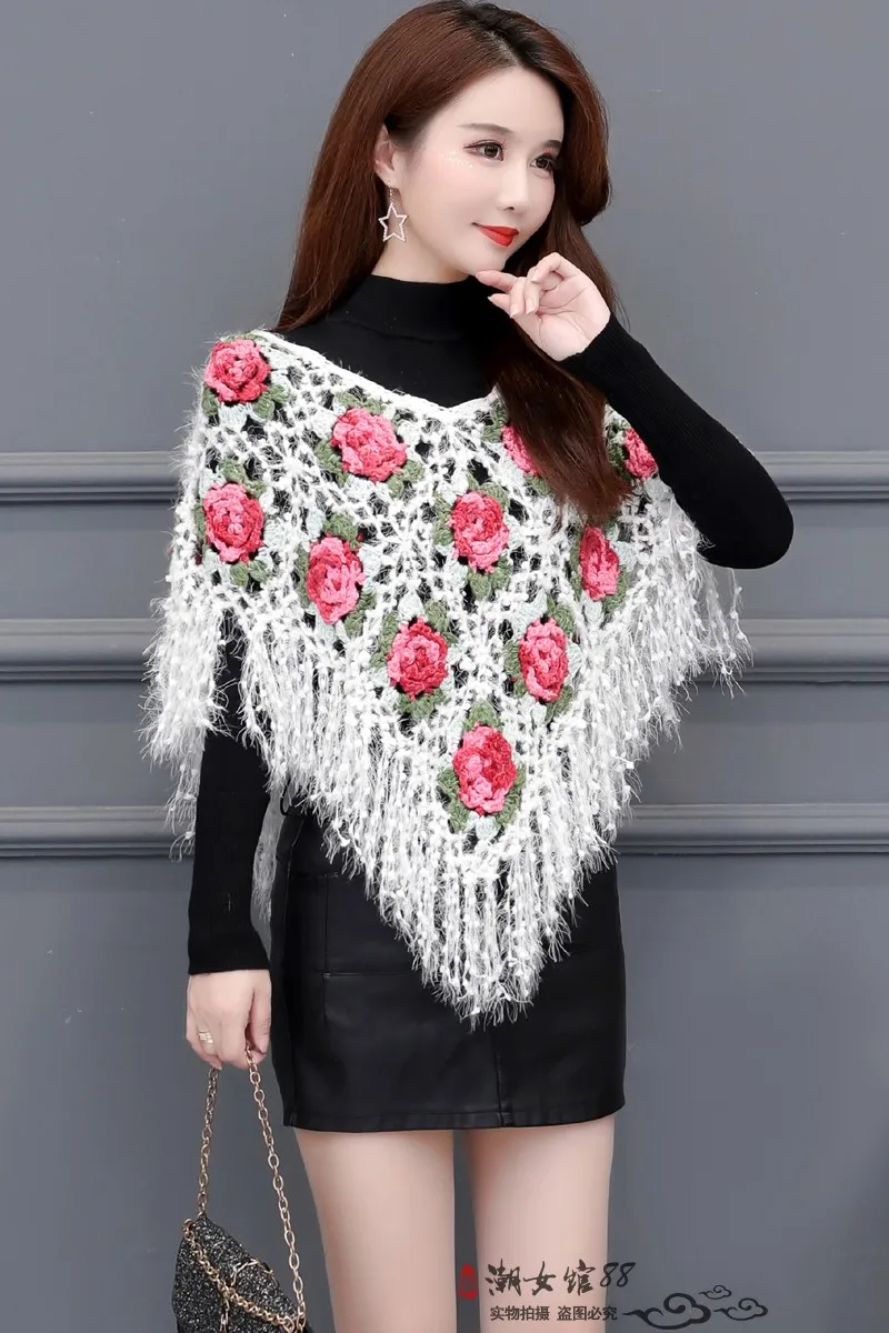 Короткий женский свитер с кисточками, пуловеры, Женский Вязаный плащ с цветами