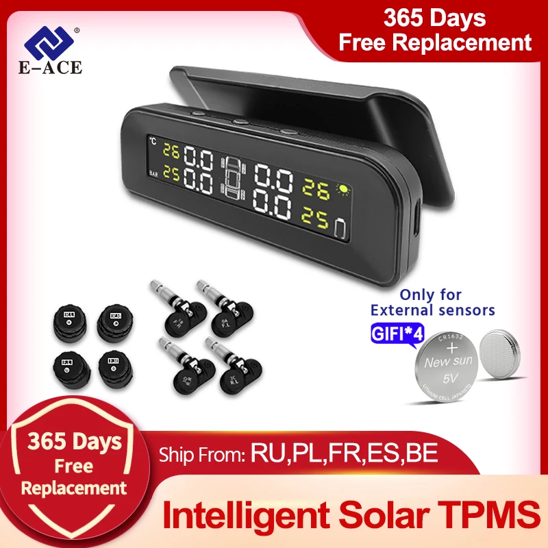 E-ACE tpms monitor de monitoramento pressão dos pneus do carro alarme automático energia solar carregamento aviso temperatura com 4 sensores