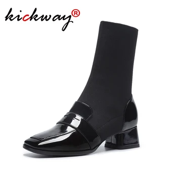 

Women Sock Boots Genuine Leather Shoes Women Square Toe Med Heels Black Knitting Boots Ladies Size 34-39