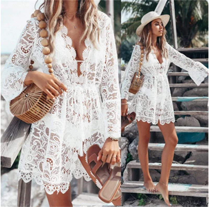 Summer Lace Women Crochet Bikini Cover Up Floral Swimwear Beach Suit Summer Dress Tops