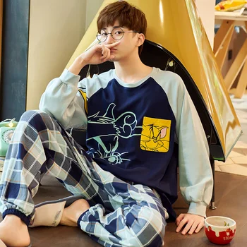 

XIZOU Autumn Men's Pajamas Sets 100% Cotton PJS Long Sleeve Pure Male Sleepwear Winter Warm O-Neck Cotton Lounge Nightwear
