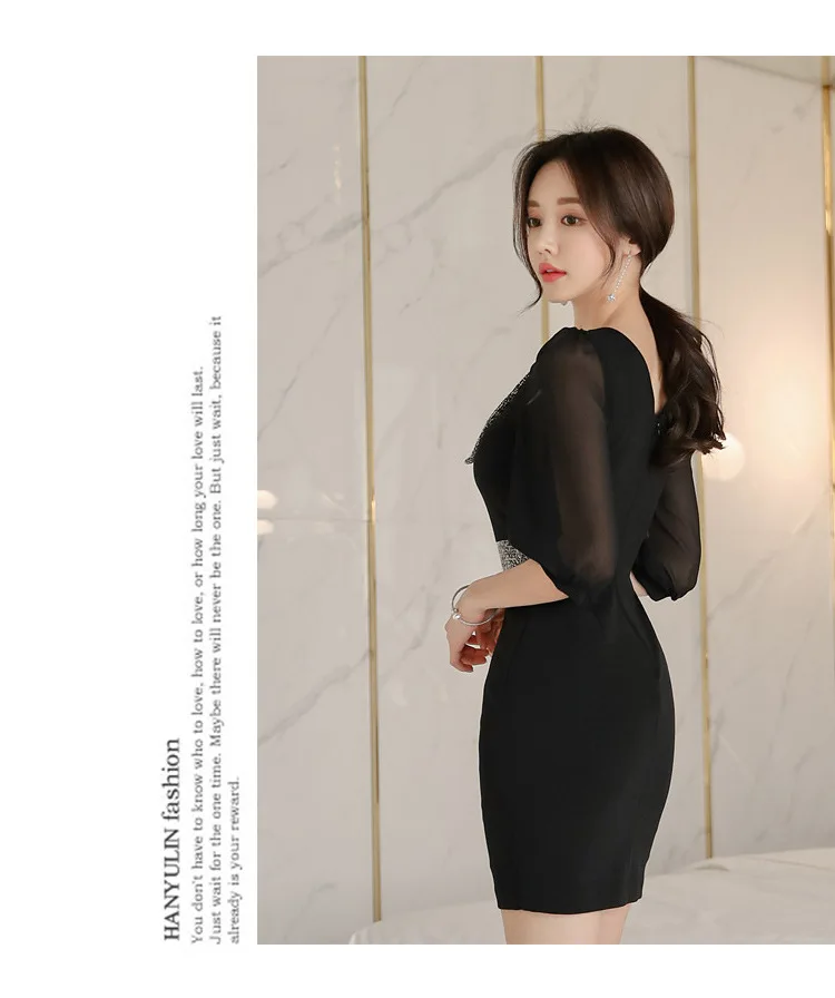 Размера плюс Весна корейский стиль корсет мини-платье Для женщин Певица модель деловая модельная Одежда Женская Половина рукавом Империя Тонкий Платье черного цвета