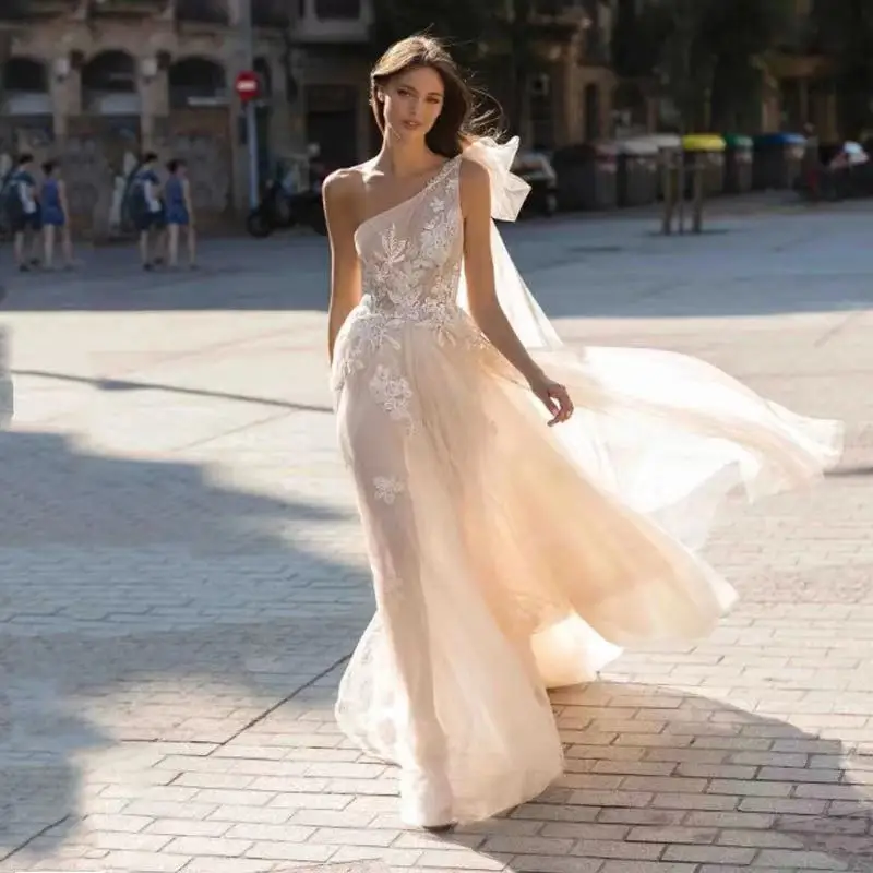 

4262# One-Shoulder Sleeveless Sexy Backless Wedding Dress Sweep Lace Tulle Bride Dress Wedding Gown