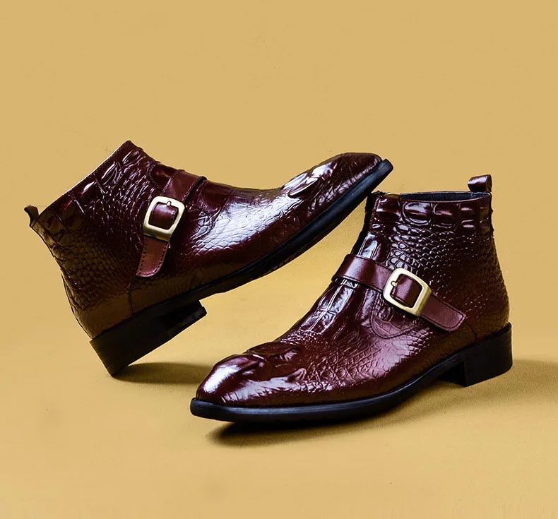 QYFCIOUFU/модные мужские ботинки на молнии; мужские Ботильоны из натуральной кожи; модельные туфли с узором «крокодиловая кожа»; модные классические ботинки с пряжкой - Color: Wine Red