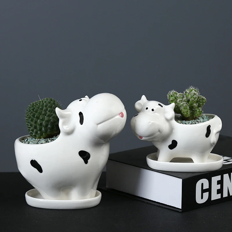 White Ceramic Cartoon Cow Planter with Tray Creative Animal Flower Pot for  Succulents Plants Pots Home Garden Desktop Decoration - AliExpress