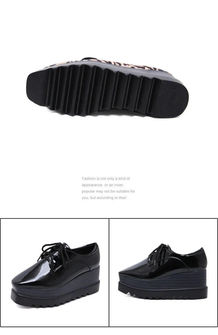 Square Toe leopard female single shoes woman wedges platform brogues creepers japanned leather lace up height increasing flats