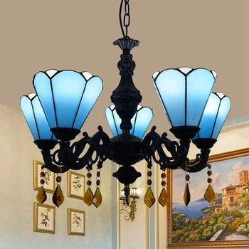 

European modern Mediterranean Blue Tiffany colored glass simple bar restaurant coffee shop 5 head hanging lamp