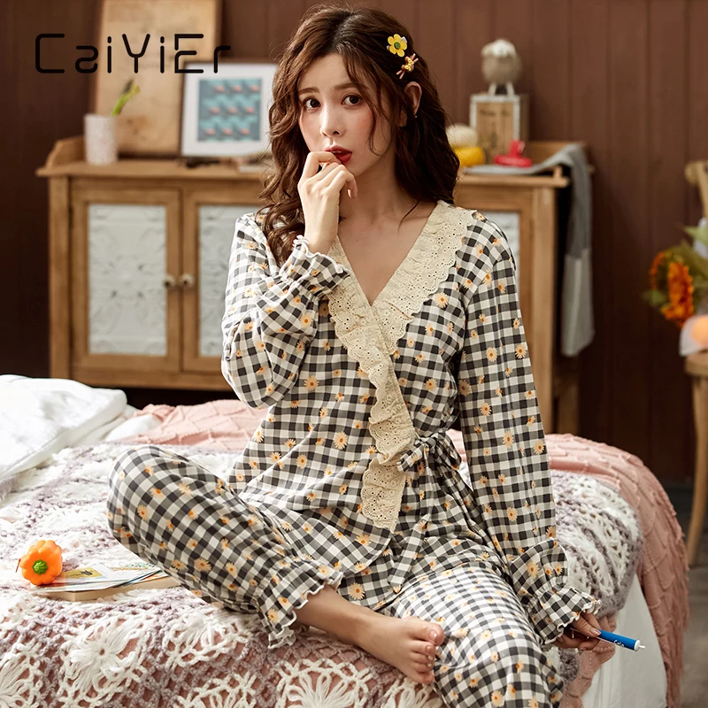 

CAIYIER Winter Kimono Women Pajamas Set Cotton Grid Flower Sleepwear Japan Loose V-Neck Nightwear Lace Colorful Loungwear M-3XL
