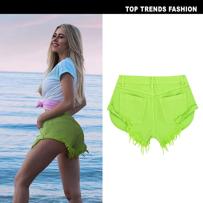 Sexy Casual Summer Green Long Pockets Jeans Shorts Women Fashion Low Waist Tassel Ripped Denim Shorts New Solid Color Hot Short (11)
